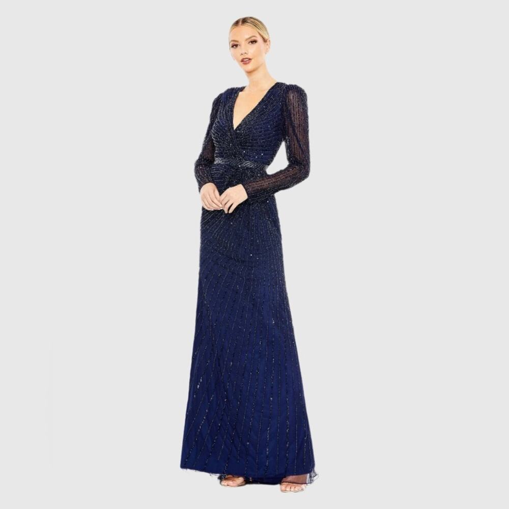 Mac Duggal Navy Sequined Wrap Over Long Sleeve Gown, size 8 NWT